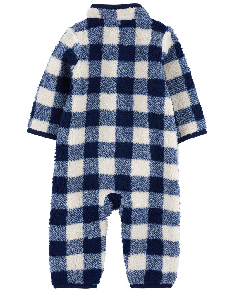 Baby Boy Plaid Sherpa Long-Sleeve Jumpsuit - Blue/Ivory, image 2 of 4 slides