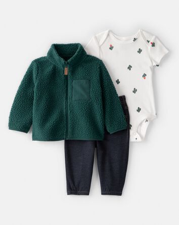Baby Boy 3-Piece Cactus Fleece Zip-Up Jacket Outfit Set, 