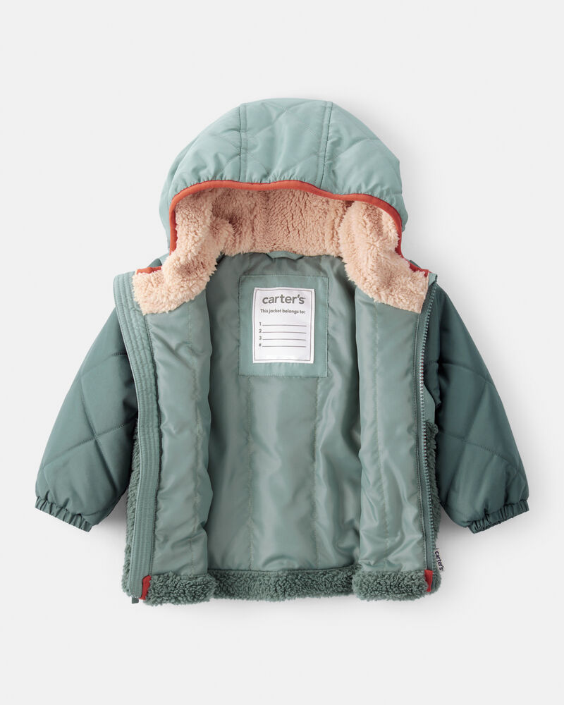 Baby Boy Long-Sleeve Midweight Quilted Sherpa Jacket - Green, image 2 of 3 slides