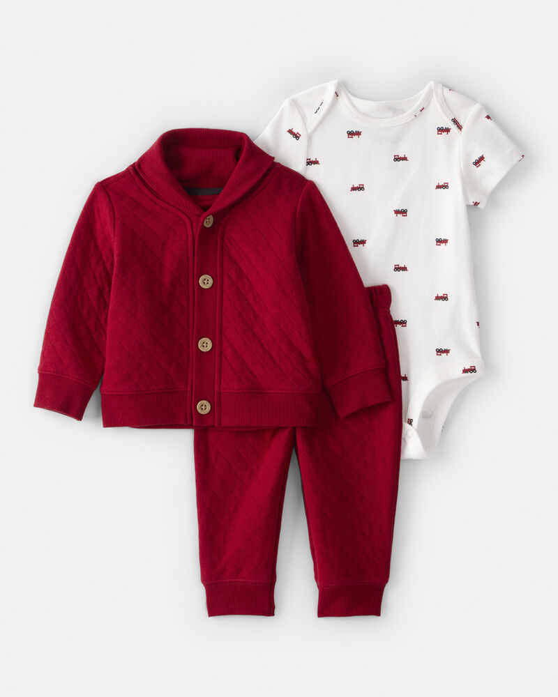 Baby Boy 3-Piece Quilted Cardigan Outfit Set - Red, image 1 of 4 slides