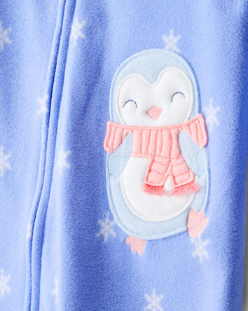 Toddler Girl Penguin Fleece Long-Sleeve Loose Fit 1-Piece Pajamas - Blue, 