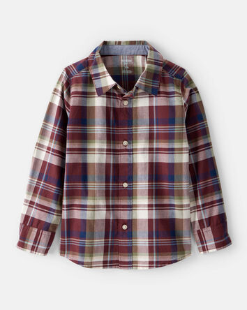 Boys Plaid Cotton Long-Sleeve Button-Down Shirt - Burgundy, 