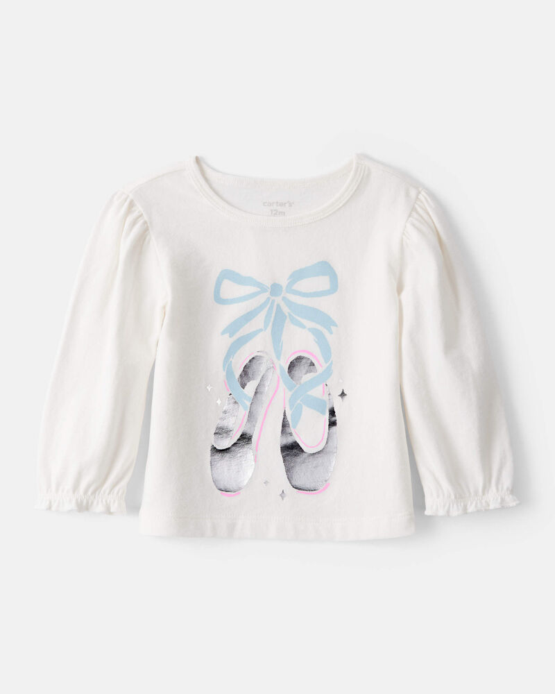 Baby Girl Metallic Ballet Shoe Long-Sleeve Graphic Tee - White, image 1 of 3 slides