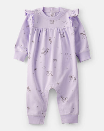Baby Girl Unicorn Print Cotton Long-Sleeve Jumpsuit - Purple, 