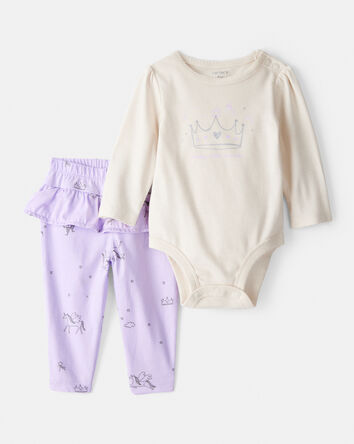 Baby Girl 'Daddy's Little Princess' Star Print Cotton Long-Sleeve Bodysuit & Pant Set - White/Purple, 