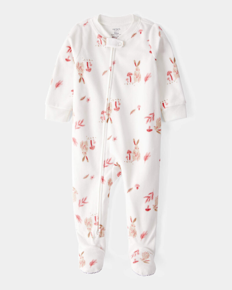 Baby Girl 1-Piece Bunny Fleece Footie Pajamas - Ivory, image 1 of 3 slides