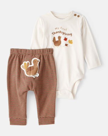 Baby My First Thanksgiving Cotton Long-Sleeve Bodysuit & Pant Set - Cream/Brown, 