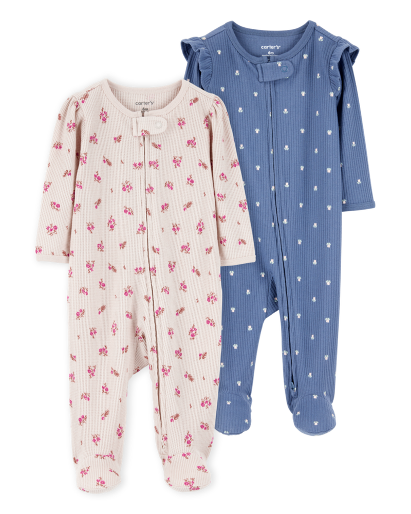Baby 2-Pack  Ribbed 2-Way Zip Sleep & Play Pajamas - Blue/Khaki, image 1 of 5 slides