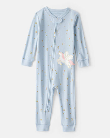 Baby Girl Unicorn Star Print 100% Cotton Long-Sleeve 2-Way Zip 1-Piece Pajamas - Blue, 