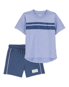 Baby 2-Piece Striped Short-Sleeve Tee & Pull-On Shorts Set - Blue, image 1 of 6 slides