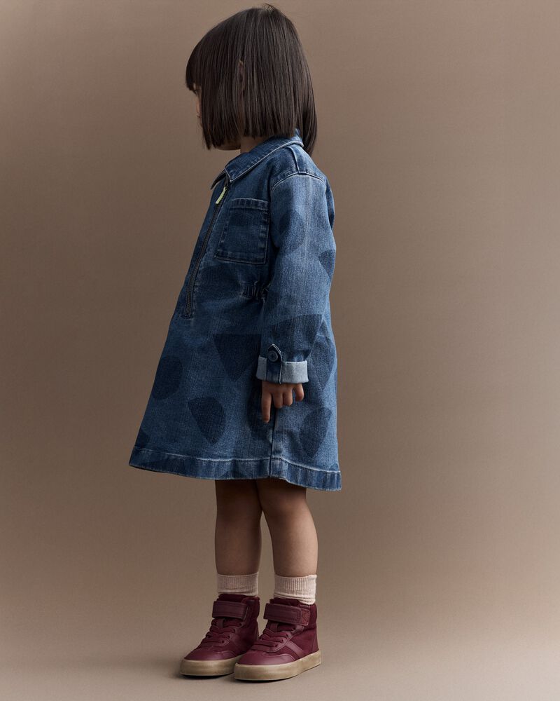 Toddler Girl Zip-Up Denim Shirt Dress with Shapes - Blue, image 4 of 6 slides