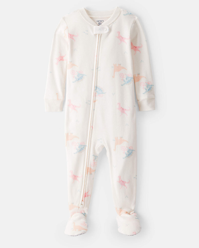 Baby Girl Dinosaur Print 100% Cotton Long-Sleeve 2-Way Zip 1-Piece Pajamas - White, image 1 of 4 slides