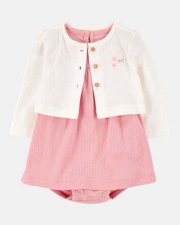 Baby 2-Piece Bodysuit Dress & Cardigan Set - Pink/Ivory, 