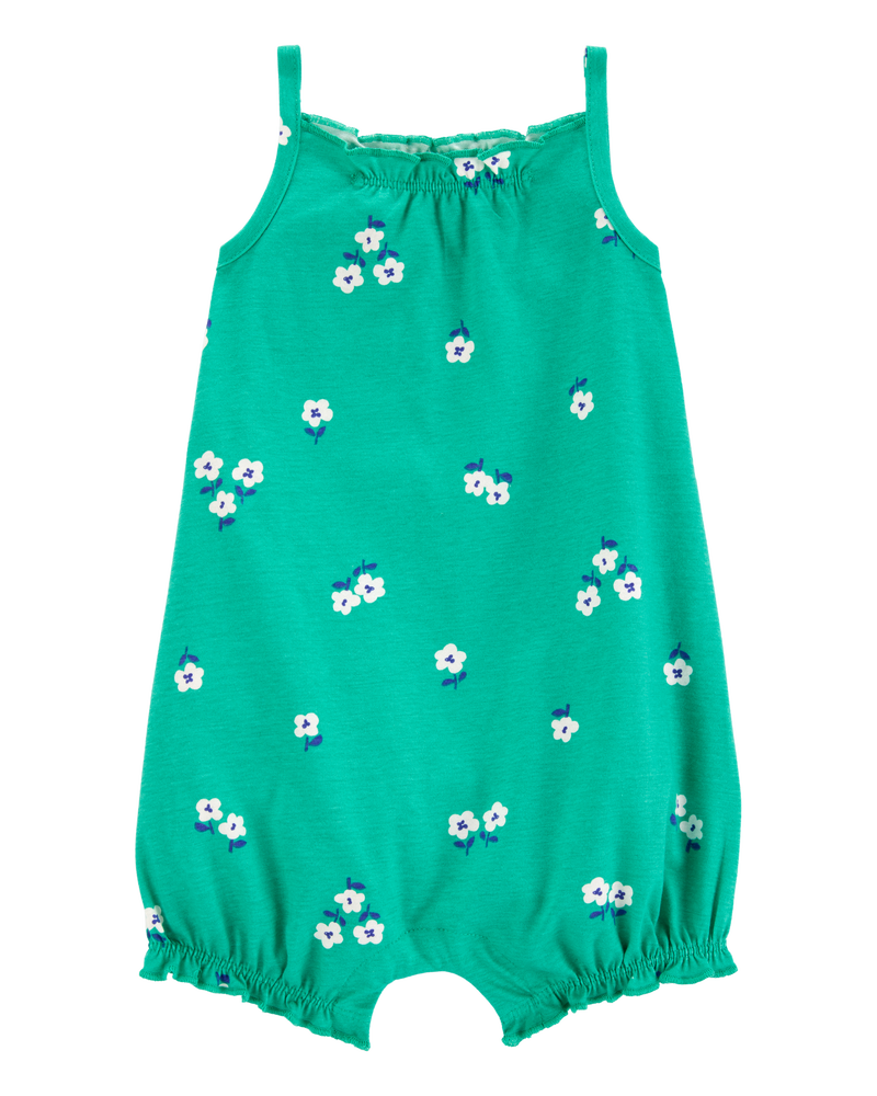 Baby Girl Floral Cotton Romper - Green, image 1 of 3 slides