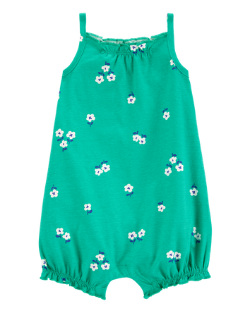 Baby Girl Floral Cotton Romper - Green, 