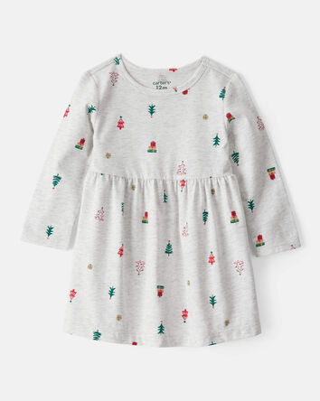 Baby Girl Christmas Tree Print Long-Sleeve Dress, 