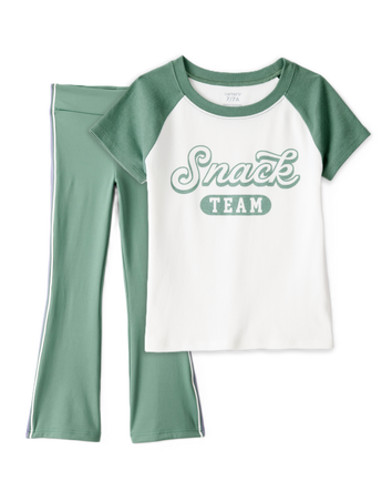 Girls 2-Piece Snack Team Graphic Tee & Knit Flare Active Pants Set - Green/White, 