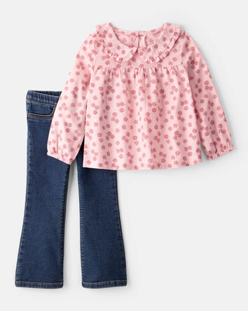 Toddler Girl 2-Piece Floral Top and Denim Pants Set, 