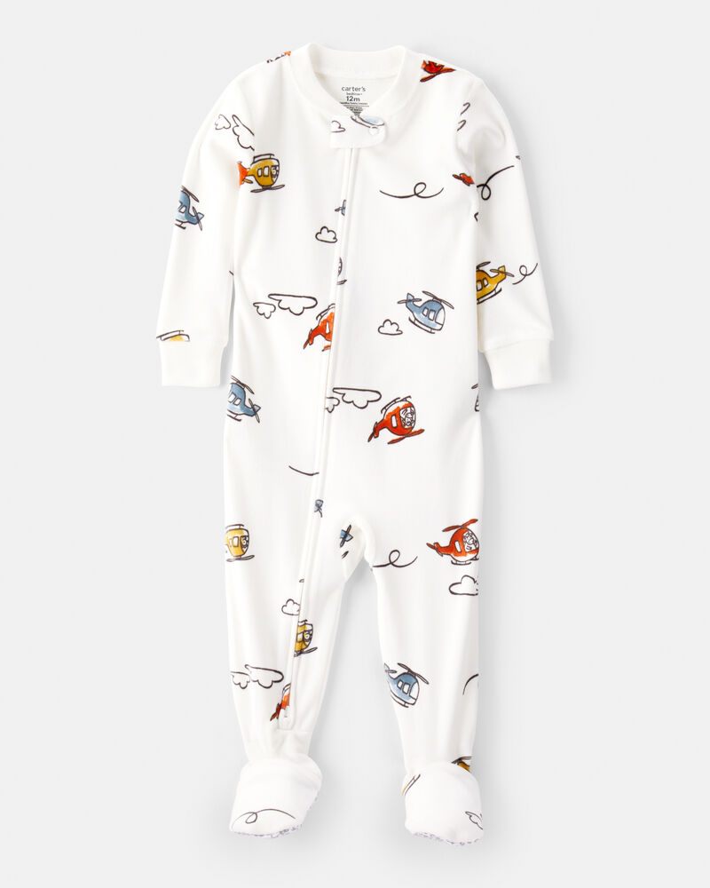 Baby Boy Helicopter Print DreamPlush Snug Fit Long-Sleeve 2-Way Zip 1-Piece Pajamas - White, image 1 of 4 slides