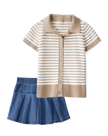 Girls 2-Piece Striped Short-Sleeve Button-Down Tee & Denim Skort Set - Multi, 