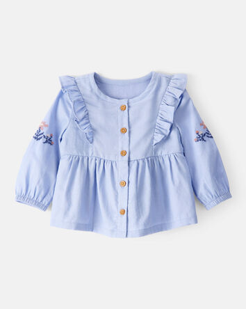 Baby Girl Embroidered Cotton Long-Sleeve Top - Blue, 