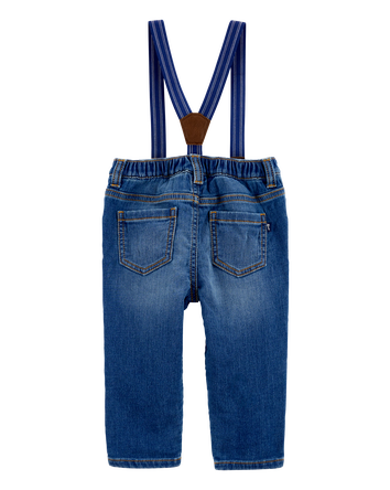 Baby Knit-Denim Suspender Pants, 