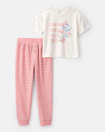 Girls 2-Piece "Grow Your Own Dreams" Floral Loose Fit Pajamas - White/Pink, 