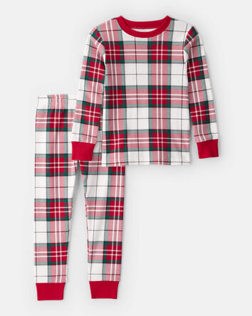 Toddler Plaid Print 100% Cotton Long-Sleeve Snug Fit 2-Piece Pajamas - Red/Green, 