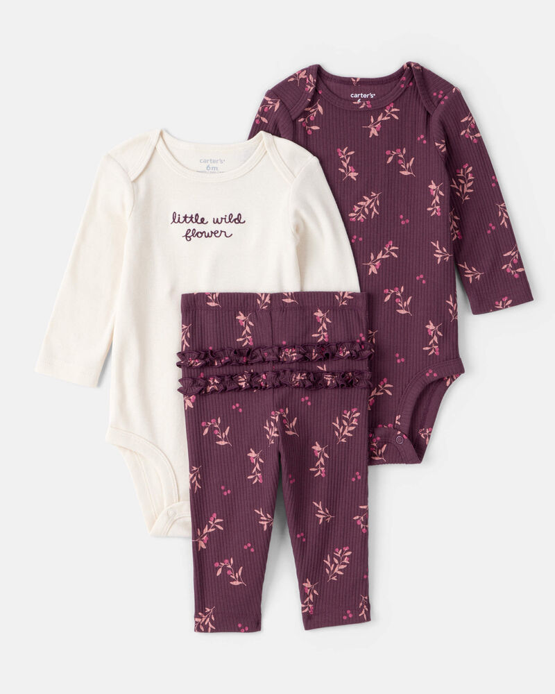 Baby Girl 3-Piece Floral Long-Sleeve Bodysuit & Pant Set - Purple/White, image 1 of 6 slides