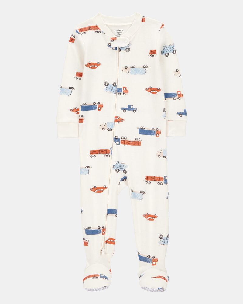 Toddler Boy 1-Piece Car Print 100% Snug Fit Cotton Footie Pajamas - Ivory, image 1 of 3 slides