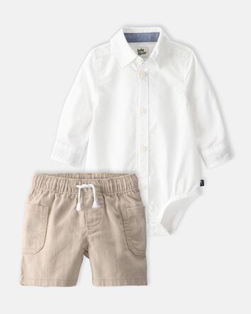 Baby Boy 2-Piece Button-Down Bodysuit & Short Set - White/Brown, 