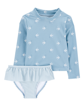 Toddler Girl 2-Piece Shell Striped Long-Sleeve Rashguard Swim Set - Blue, 