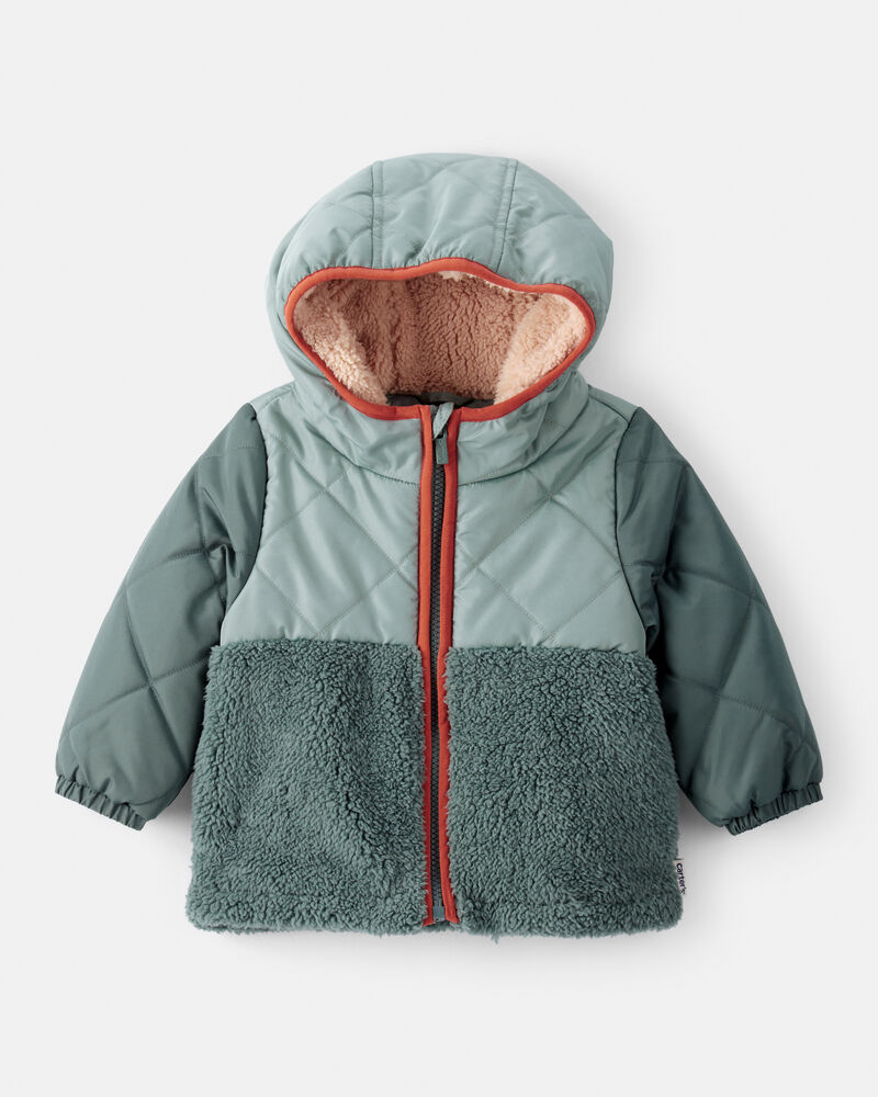 Baby Boy Long-Sleeve Midweight Quilted Sherpa Jacket - Green, image 1 of 3 slides