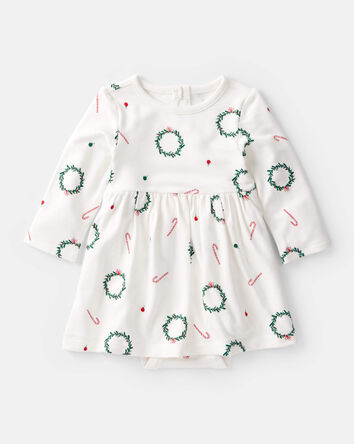 Baby Girl Wreath Print PurelySoft Long-Sleeve Bodysuit Dress - White, 
