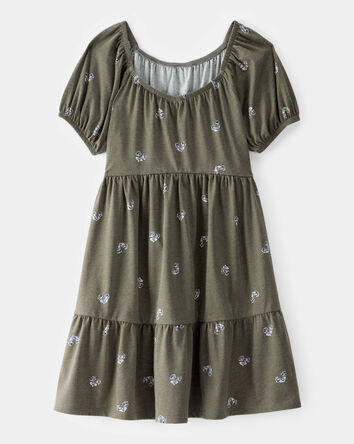 Kid Floral Tiered Puff Sleeve Dress - Green, 