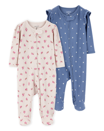 Baby 2-Pack  Ribbed 2-Way Zip Sleep & Play Pajamas - Blue/Khaki, 