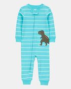 Toddler Boy 1-Piece Striped Dinosaur 100% Snug Fit Cotton Footless Pajamas - Turquoise, image 1 of 3 slides