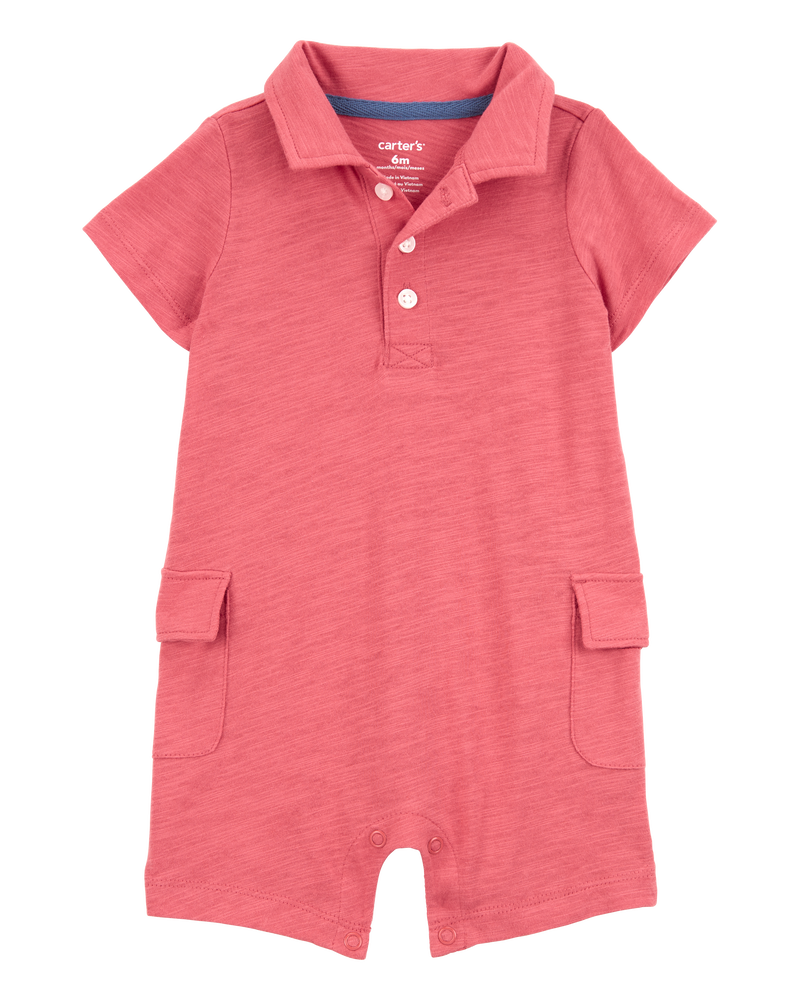Baby Polo Cotton Romper - Red, image 1 of 4 slides