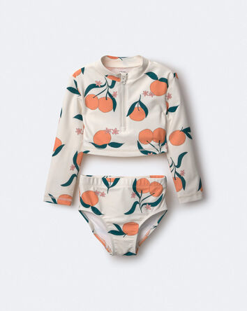 Toddler Girl Half-Zip Long-Sleeve Rashguard Set in Clementine Grove Print - Cream, 
