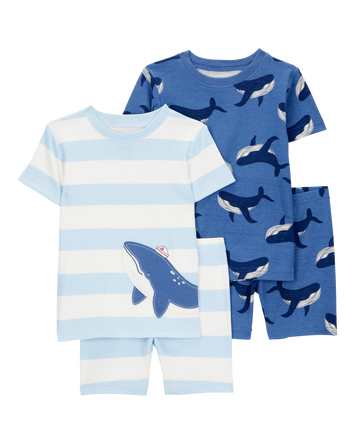 Baby Whale Striped Snug Fit Cotton 4-Piece Pajamas, 