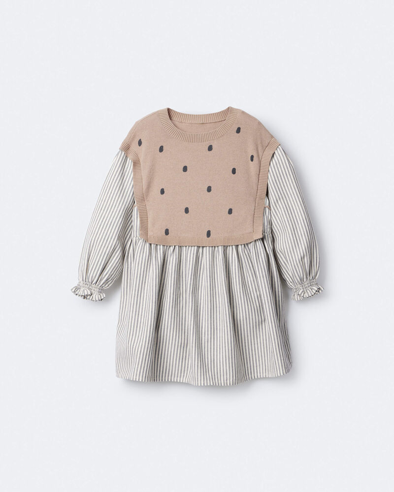 Toddler Girl Polka Dot Layered Sweater Long-Sleeve Dress - Brown/Cream, image 2 of 6 slides
