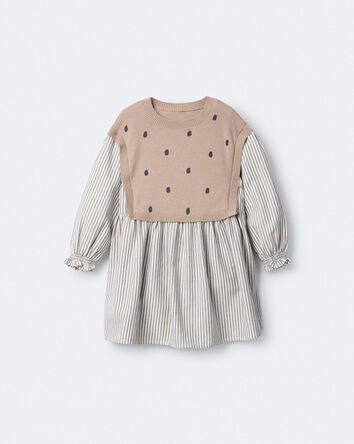 Toddler Girl Polka Dot Layered Sweater Long-Sleeve Dress - Brown/Cream, 