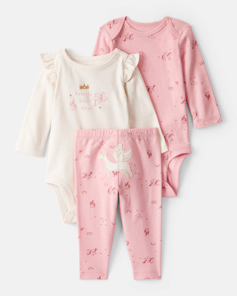 Baby Girl 3-Piece Unicorn Star Print Cotton Long-Sleeve Bodysuit & Pant Set - Pink/White, image 1 of 6 slides