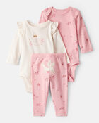 Baby Girl 3-Piece Unicorn Star Print Cotton Long-Sleeve Bodysuit & Pant Set - Pink/White, image 1 of 6 slides