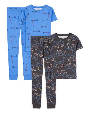 Kid 4-Piece Snug Fit 100% Cotton Pajamas - Blue/Black, 