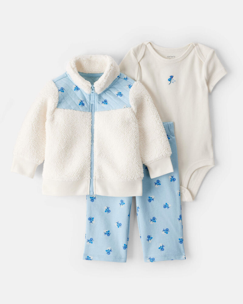Baby Girl 3-Piece Floral Sherpa Long-Sleeve Bodysuit & Pant Set - Blue, image 1 of 6 slides