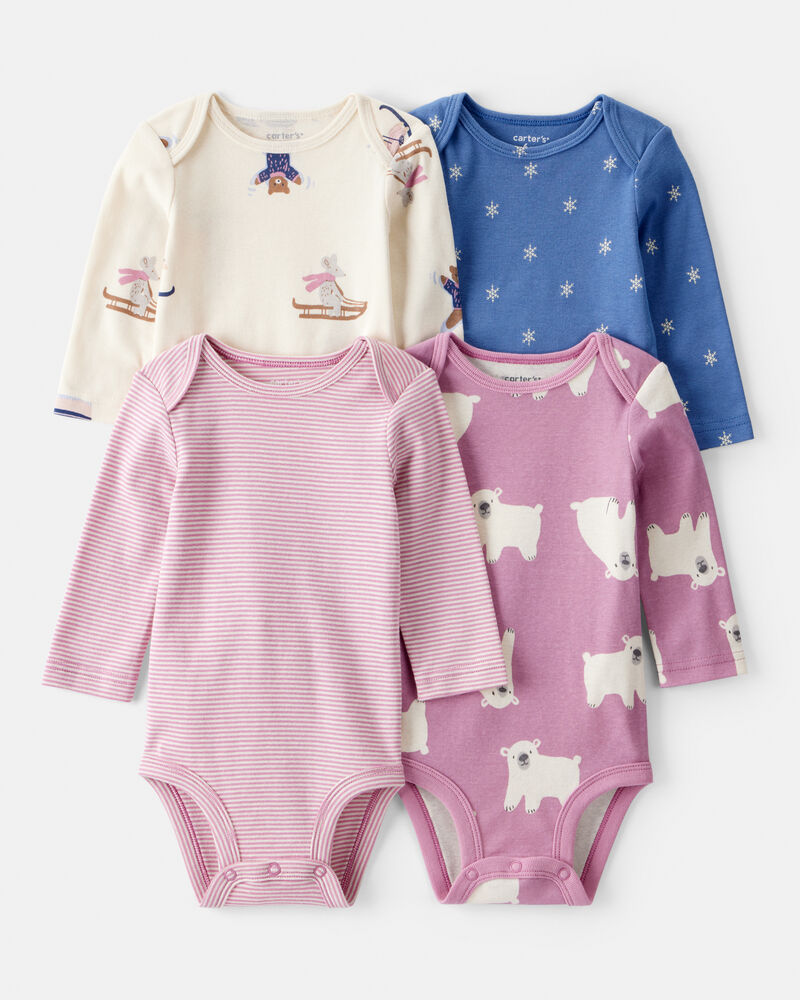 Baby Girl 4-Pack Polar Bear Print Cotton Long-Sleeve Multipack Bodysuits - Multi, image 1 of 6 slides