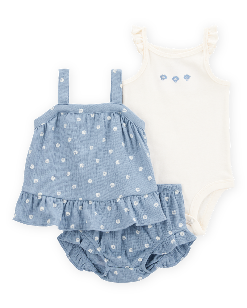 Baby Girl 3-Piece Shell Print Outfit Set - Blue/White, image 1 of 5 slides