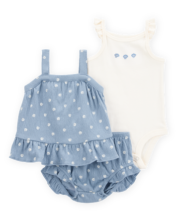 Baby Girl 3-Piece Shell Print Outfit Set - Blue/White, 