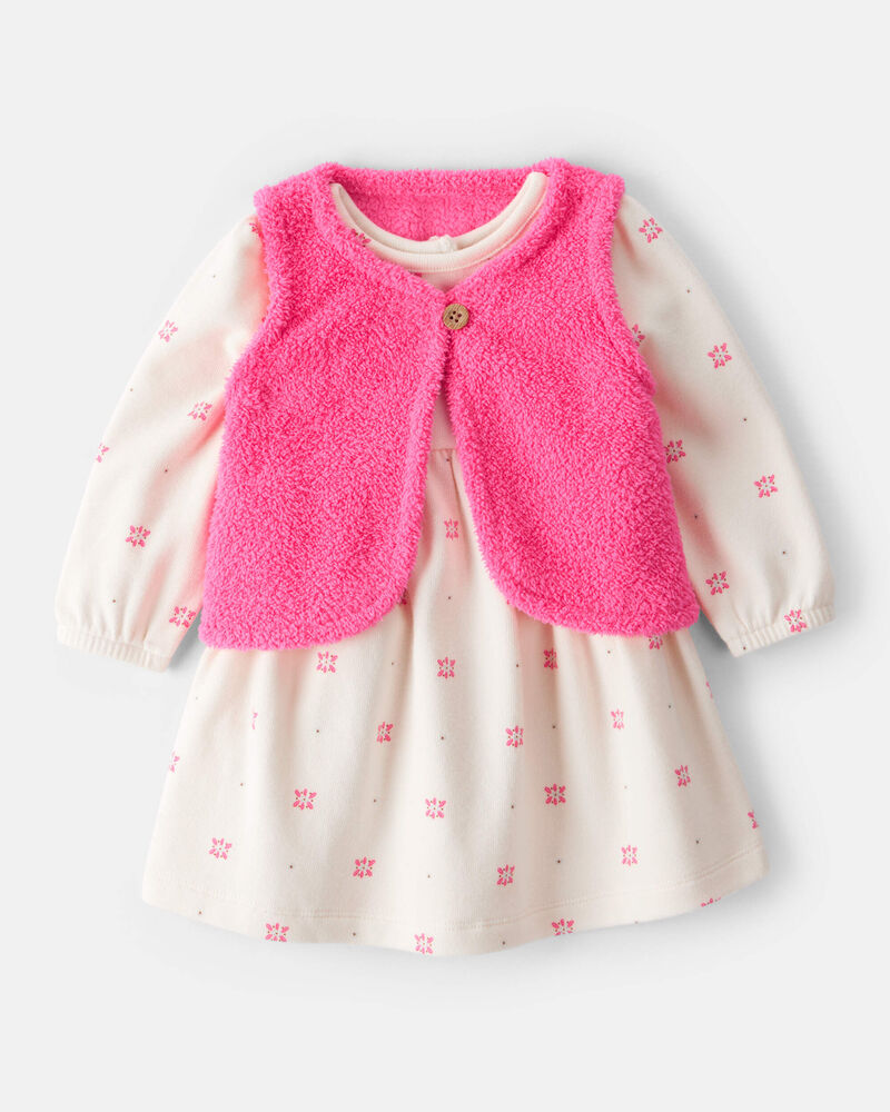 Baby Girl 2-Piece Floral Motif Sherpa Long-Sleeve Dress Set - White/Pink, image 1 of 7 slides